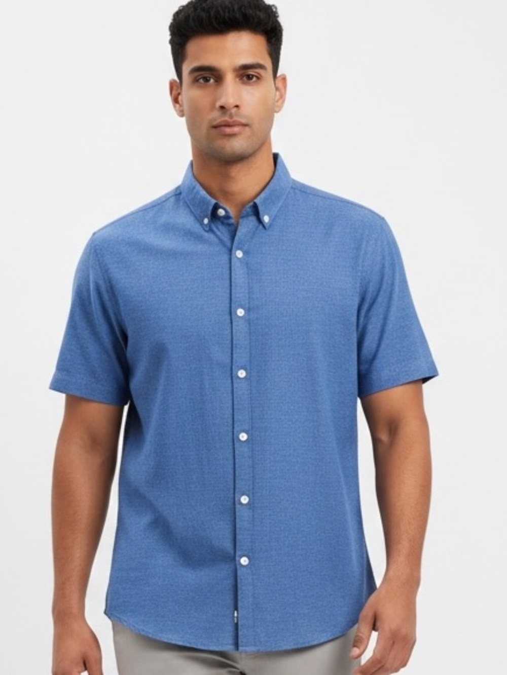 Perry Ellis Men’s L Blue Slim Fit Stretch Short Sleeve Button Down Shirt -wku127